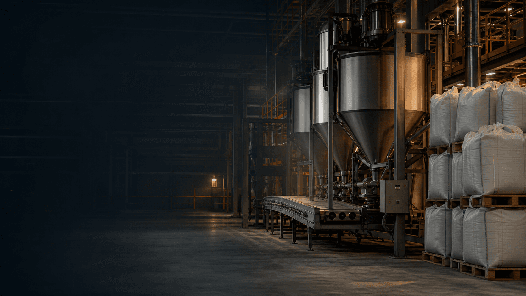 Industrial polymer processing plant with bulk materials ready for dispatch